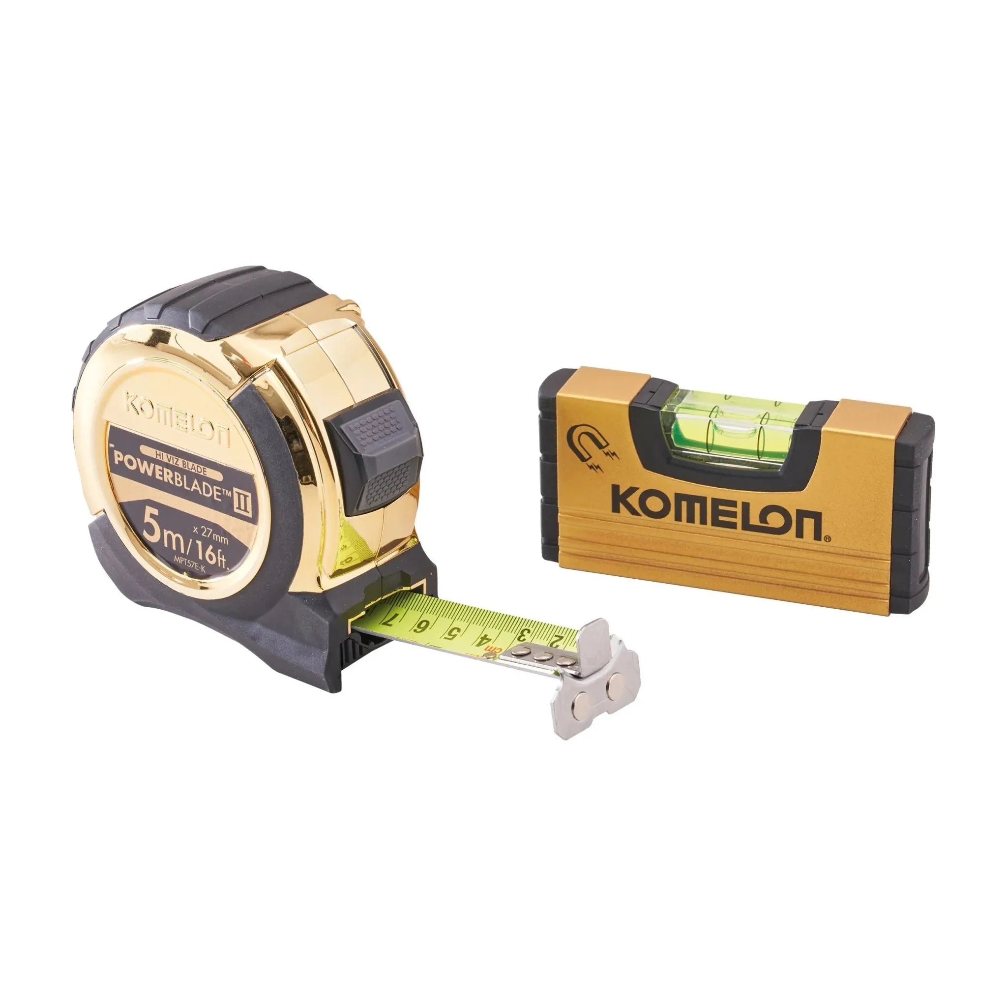 Komelon 5m 16ft Gold PowerBlade Tape with FREE Mini Level