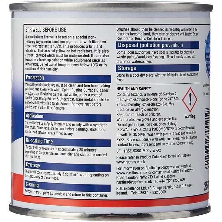 Rustins Quick Dry Radiator Paint - Enamel - White Datin | 250ml