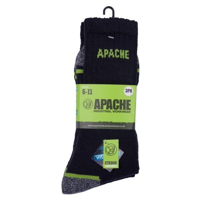 Apache Burlington Work Socks 3pk- Black/Grey