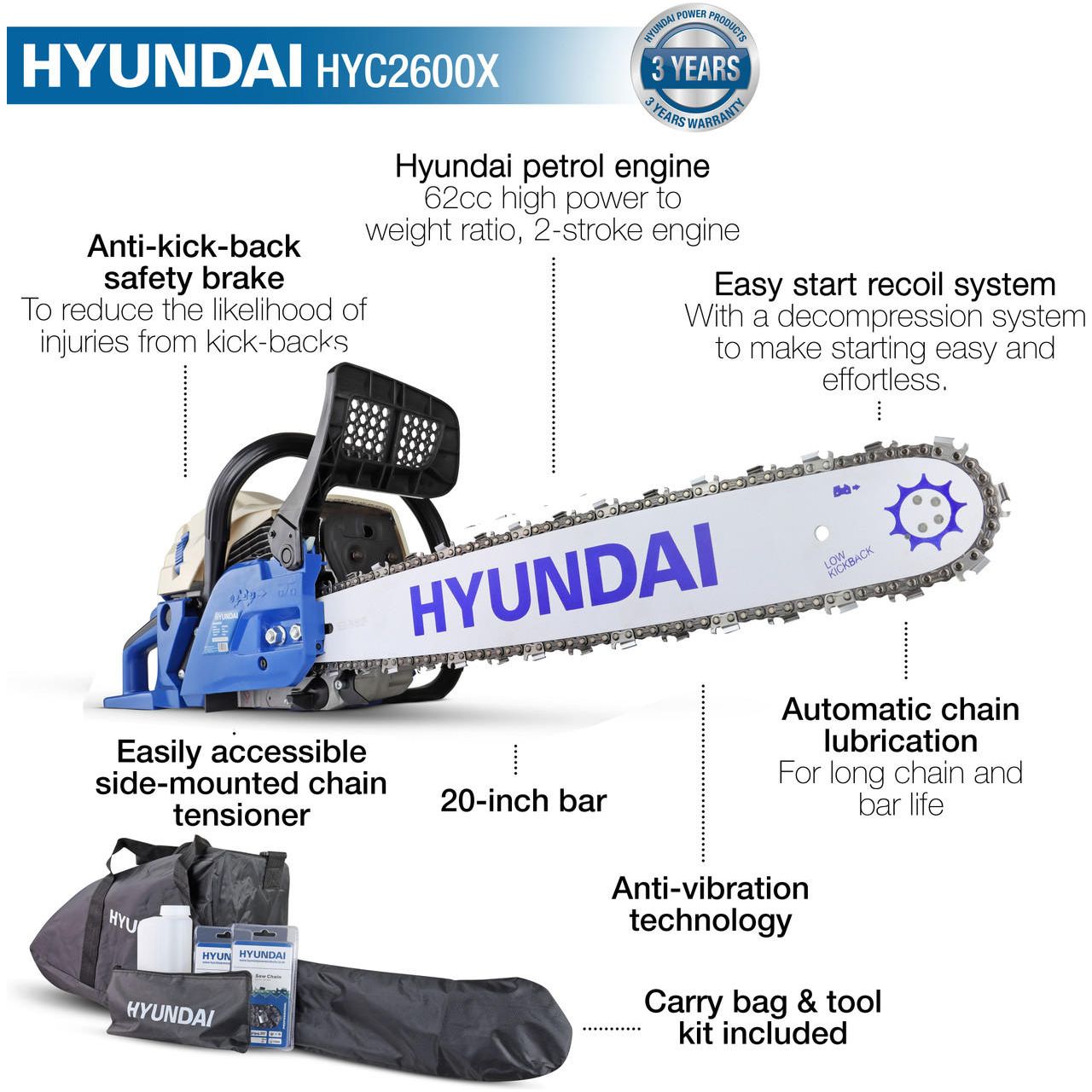 Hyundai 20in 62cc Petrol Chainsaw Easy Start